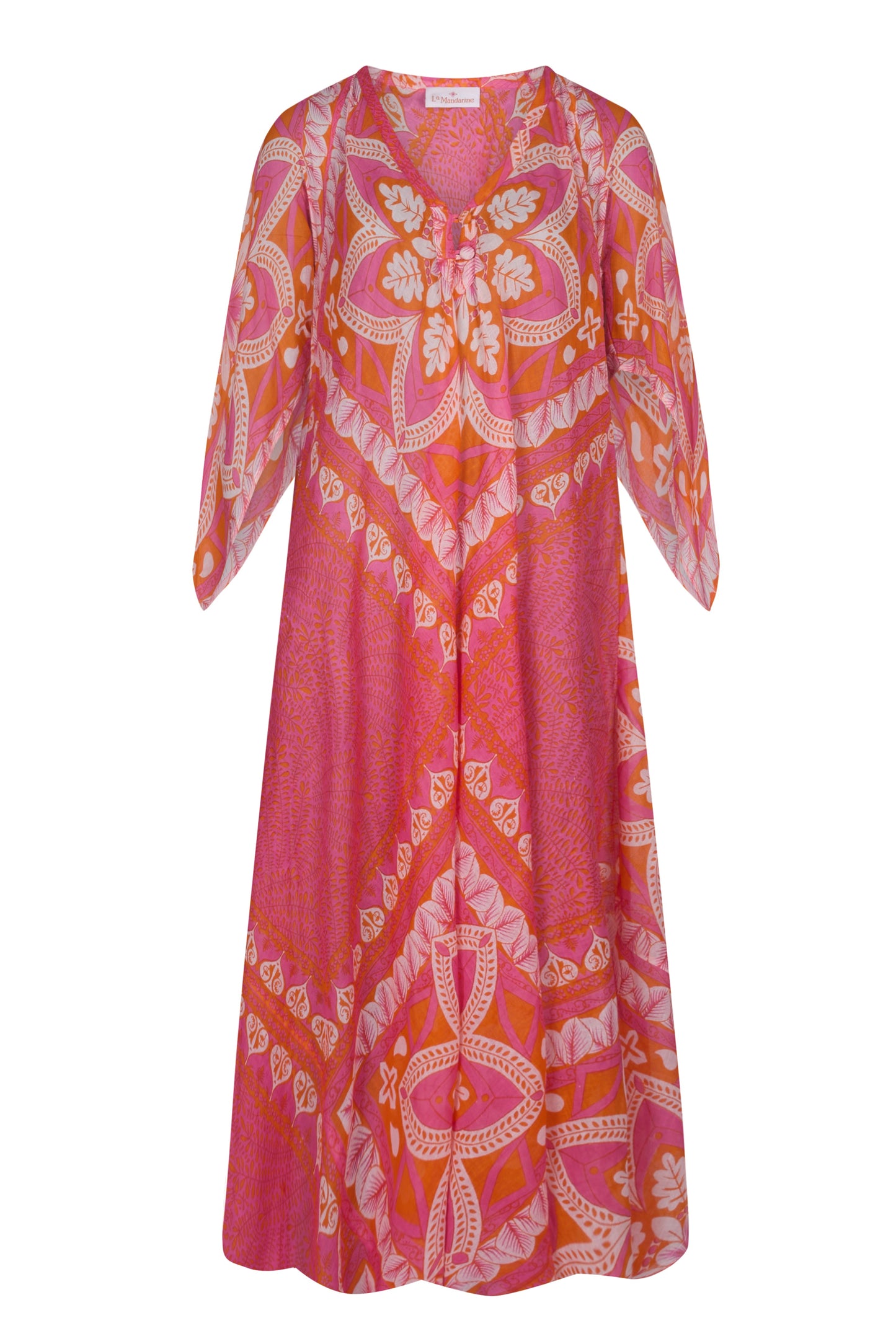 summer kaftan, maxi length kaftan, beach kaftan. flowy kaftan, pink and orange cotton kaftan, luxury beach kaftan