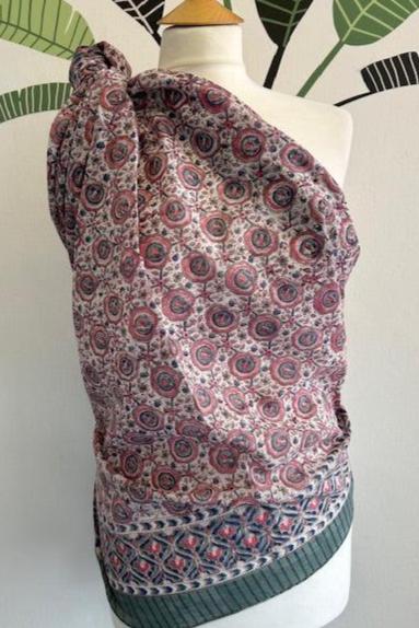 block printed sarong. 1m 80 x 1m, this handmade sarong, vibrant block printed motif and makes a stunning cover up on the beach. scarf, summer top