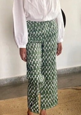 Pants, cotton summer pants with pockets, green and white block print cotton trousers with pockets
