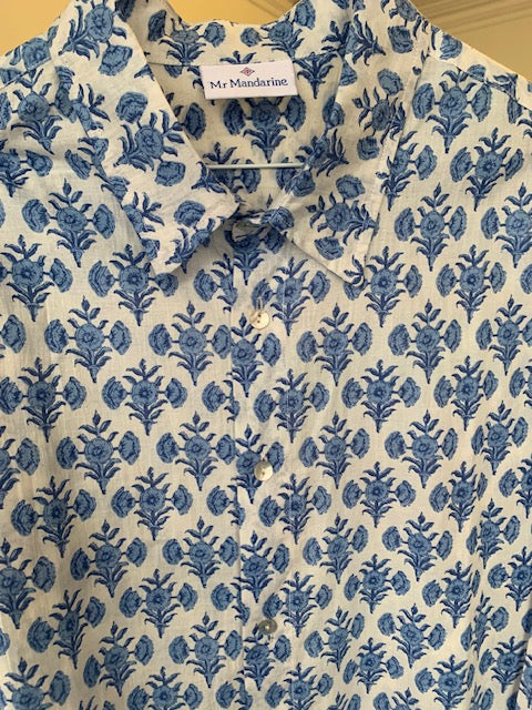 Mens cotton block print summer shirt, blue and white cotton shirt, beach shirtfor men, mens holiday shirt, blue and white beach shirt