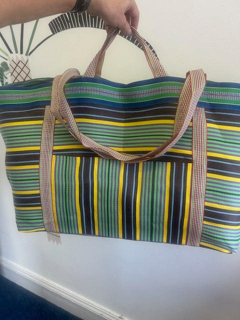Beach bag, XL size, colourful striped weekender bag, tote, shopper, recycled nylon.