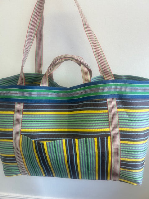 Beach bag, XL size, colourful striped weekender bag, tote, shopper, recycled nylon.