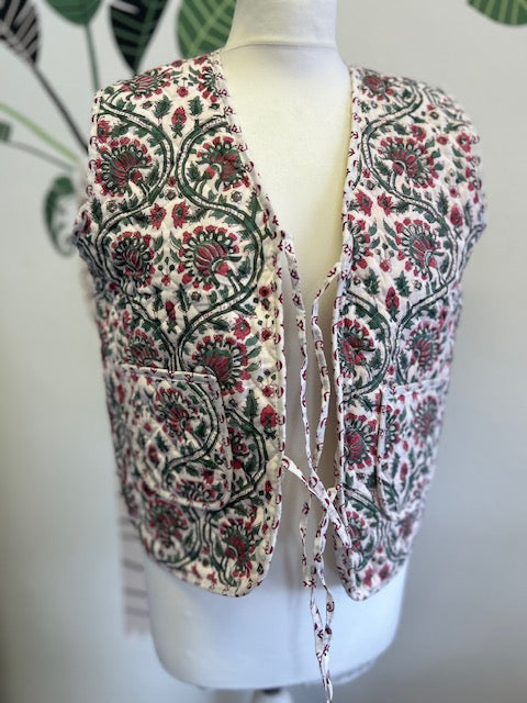 Quilted waistcoat, green pink and white block print cotton, reversible quilted gilet, handmade short quilted vest