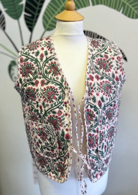 Quilted waistcoat, green pink and white block print cotton, reversible quilted gilet, handmade short quilted vest