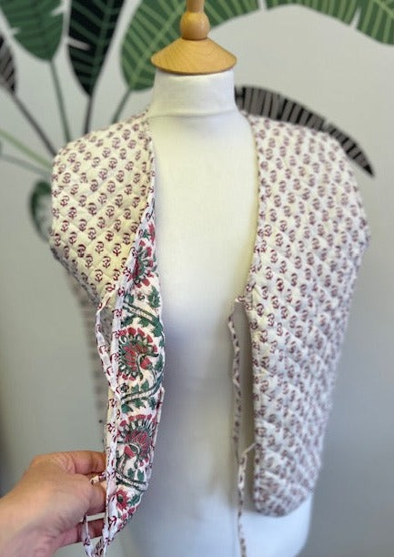 quilted vest, quilted cotton reversible waistcoat quilted vest waistcoat for women, green white and pink floral cotton quilted vest , gilet, quilted gilet, boho vest. boho gilet for women.