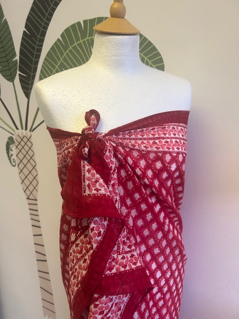 red and white block print pareo, cotton sarong, beach coverup