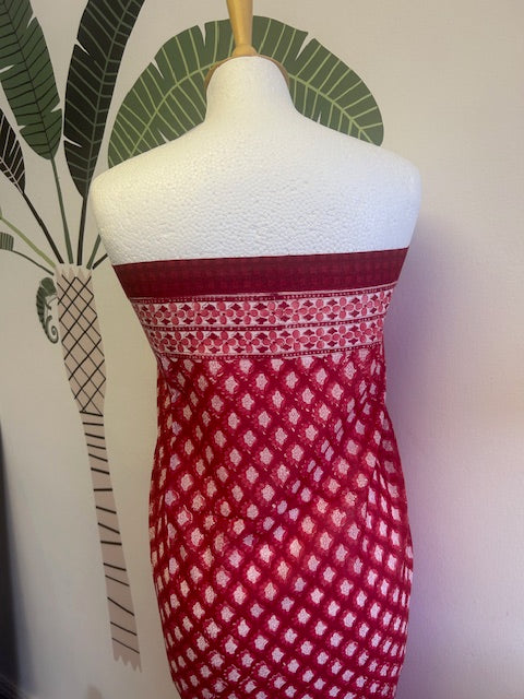 red and white block print pareo, cotton sarong, beach coverup