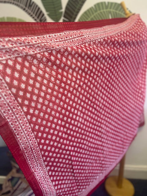 red and white block print pareo, cotton sarong, beach coverup