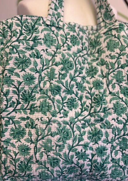 green and white quilted cotton tote bag, quilted cotton beach bag, XL cotton beach bag, XL tote bag