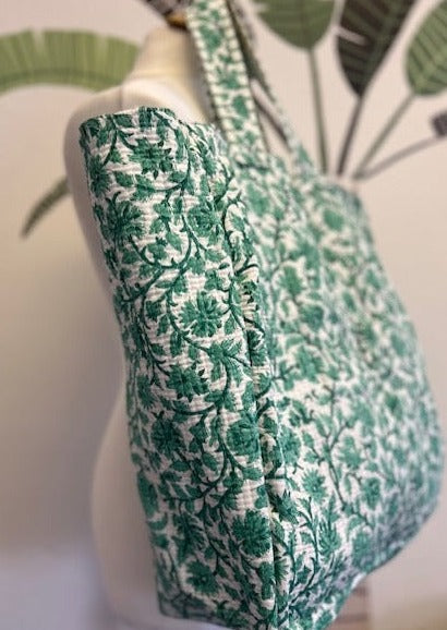 green and white quilted cotton tote bag, quilted cotton beach bag, XL cotton beach bag, XL tote bag