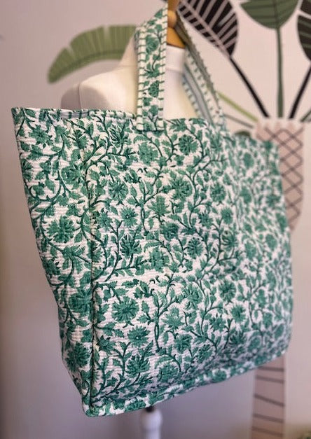 green and white quilted cotton tote bag, quilted cotton beach bag, XL cotton beach bag, XL tote bag