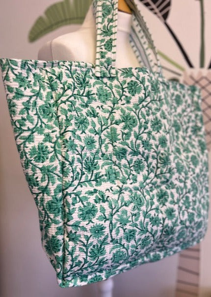 green and white quilted cotton tote bag, quilted cotton beach bag, XL cotton beach bag, XL tote bag