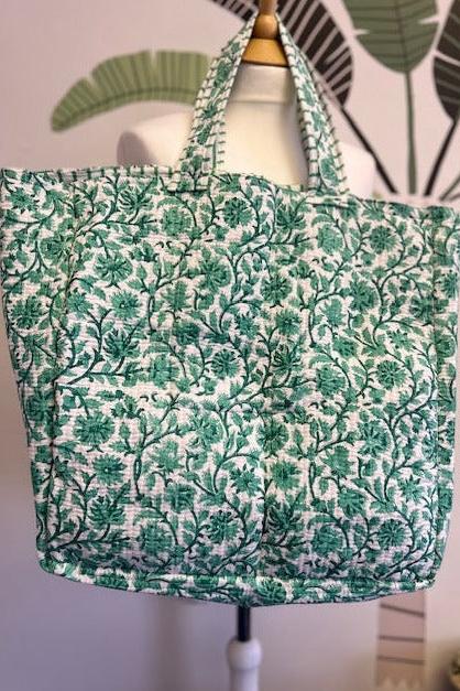 green and white quilted cotton tote bag, quilted cotton beach bag, XL cotton beach bag, XL tote bag