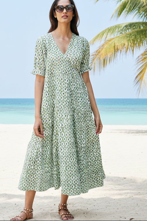 Wrap dress with pockets. Maxi dress, block print cotton beach dress