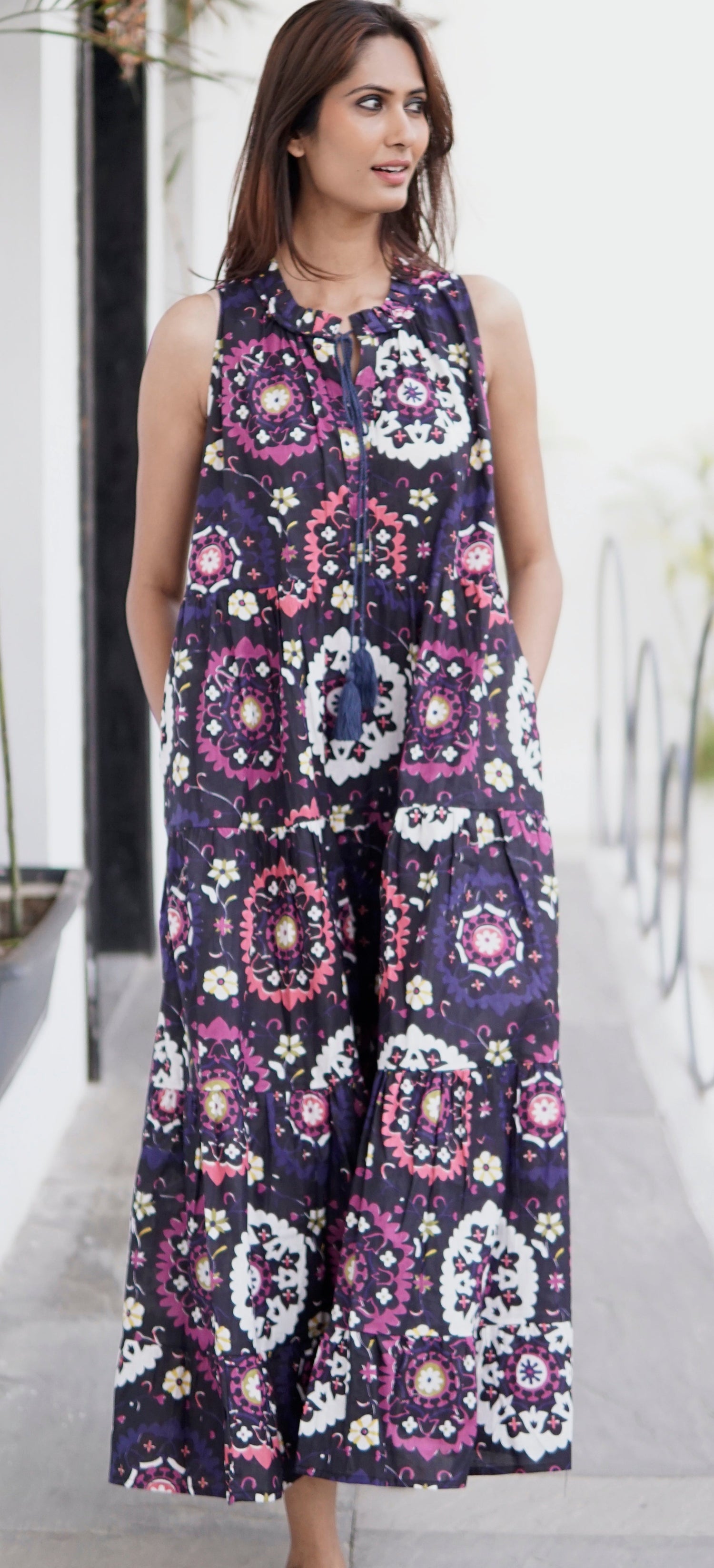 Beach dress, summer maxi dress, striking geometric floral printed cotton summer dress
