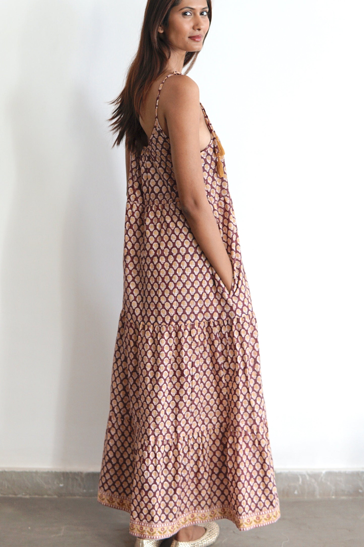 Kaftan dress, blockprint cotton maxi dress with pockets, Chloe
