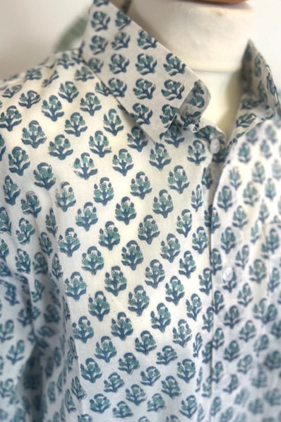 block print summer cotton shirt. for men. blue and white cotton summer shirt. Beach shirt for men. holiday shirt. printed cotton shirt. blue and white mens printed cotton shirt.