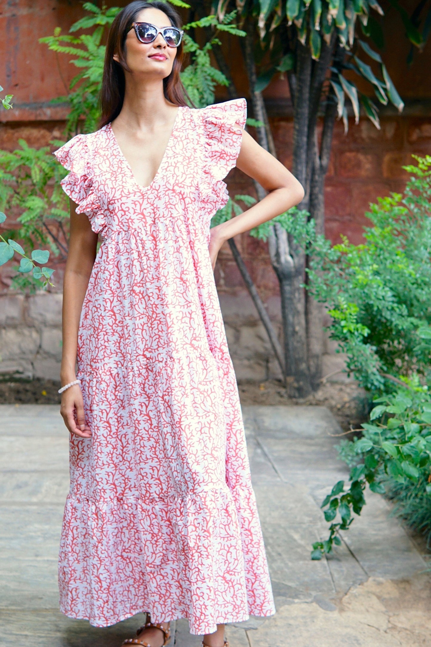 maxidress, beach dress, full length printed cotton boho summer dress. Cotton tassels. Summer maxi dress with pockets, coral print summer dress, block printed cotton summer Dress, maxikleide, robe d'ete maxi