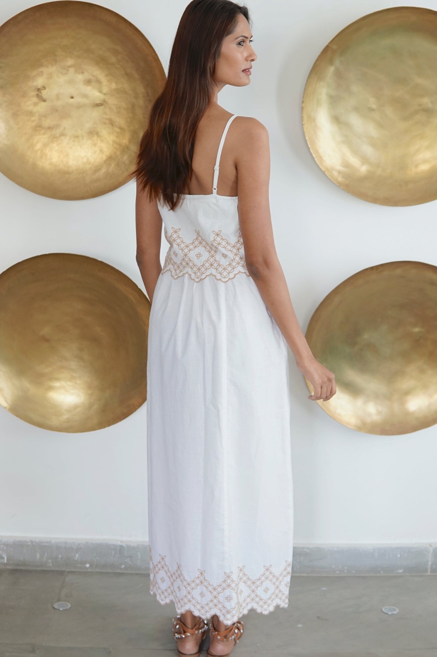 White embroidered Summer maxi dress with pockets Elena