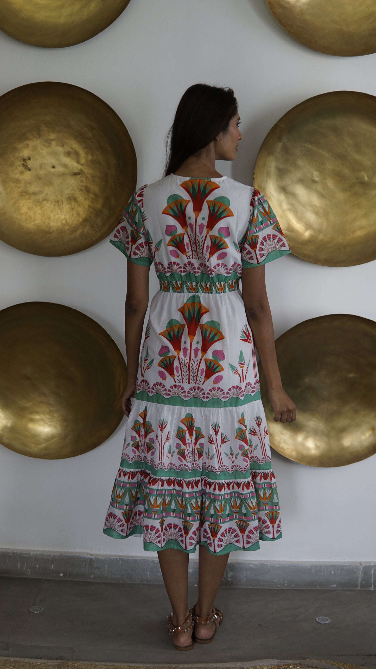 White floral print Summer midi dress with pockets Emilia