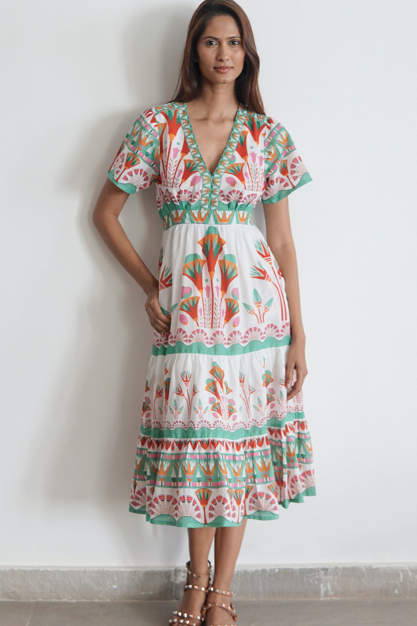 White floral print Summer midi dress with pockets Emilia