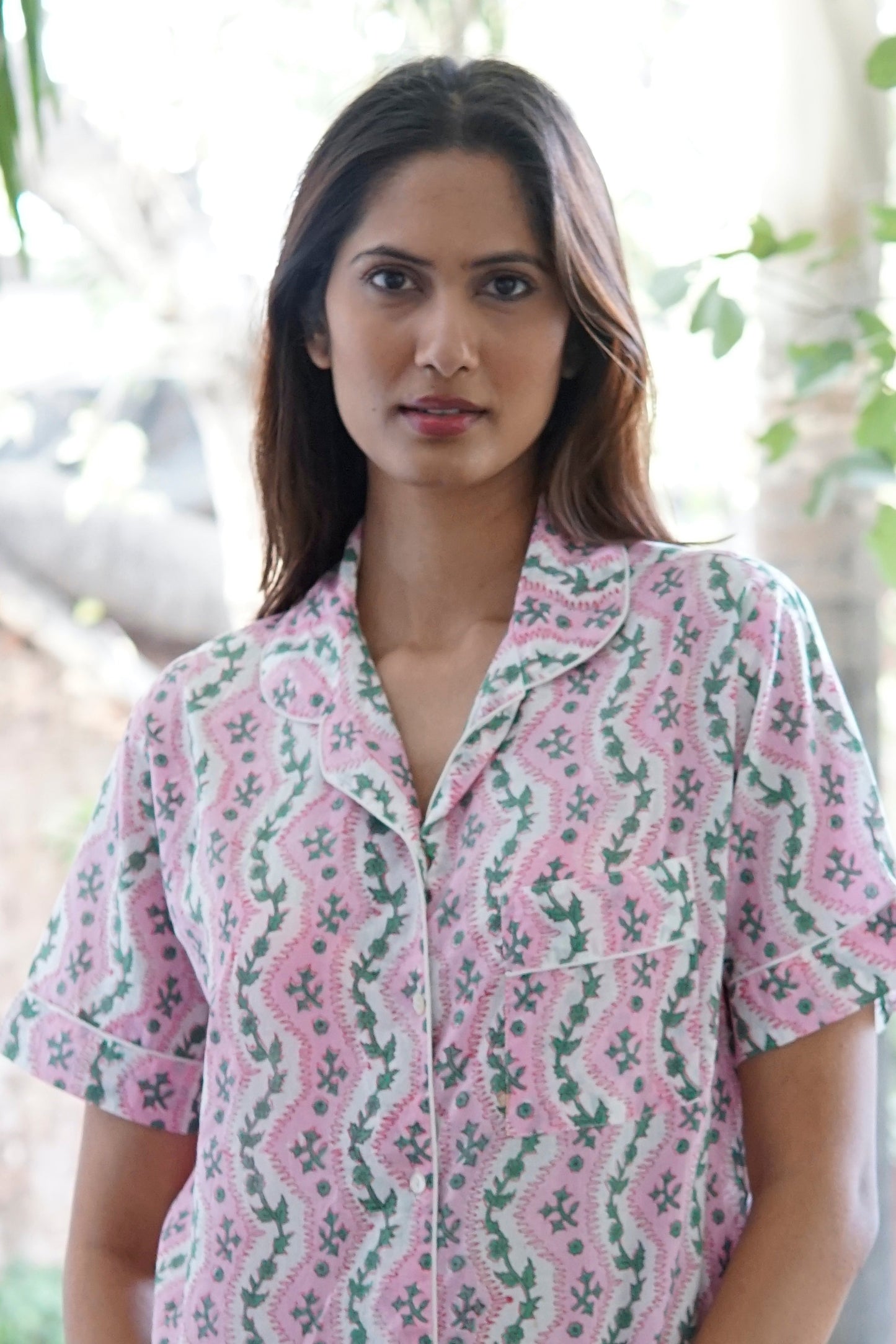 Pyjama set, pink, green and white cotton PJs with pockets, handmade ladies cotton short pyjama