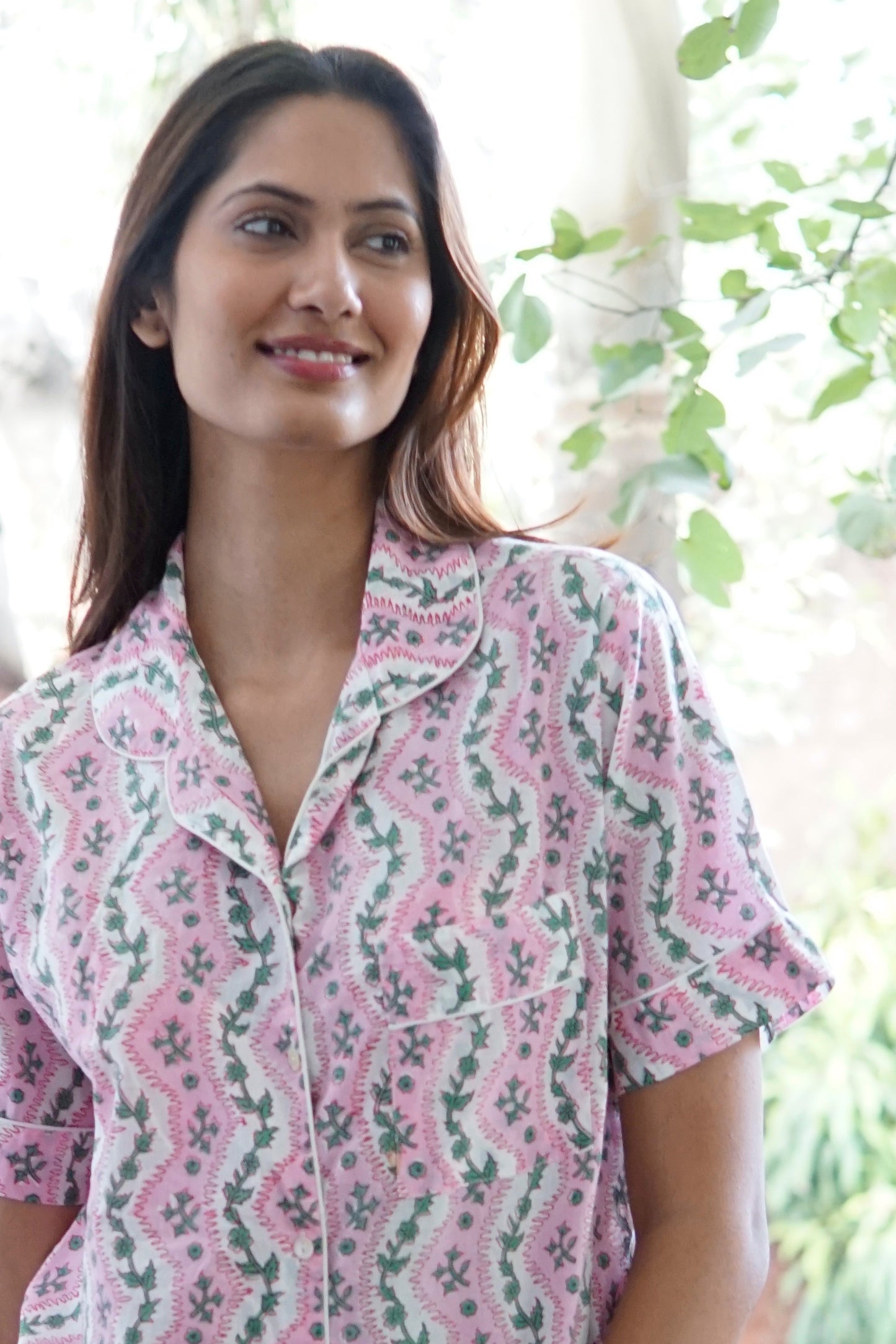 Pyjama set, pink, green and white cotton PJs with pockets, handmade ladies cotton short pyjama