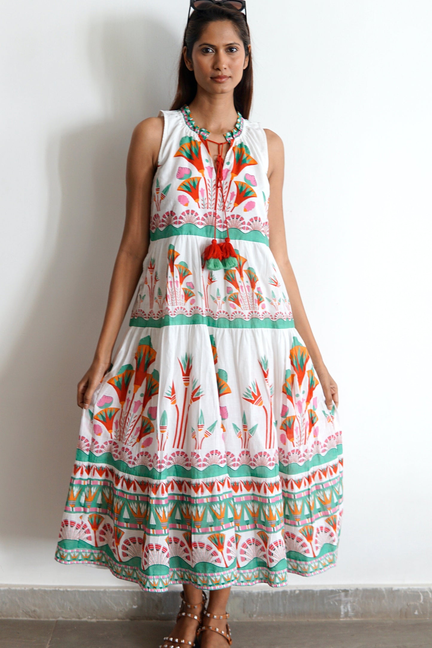floral cotton summer dress with pockets and tassles