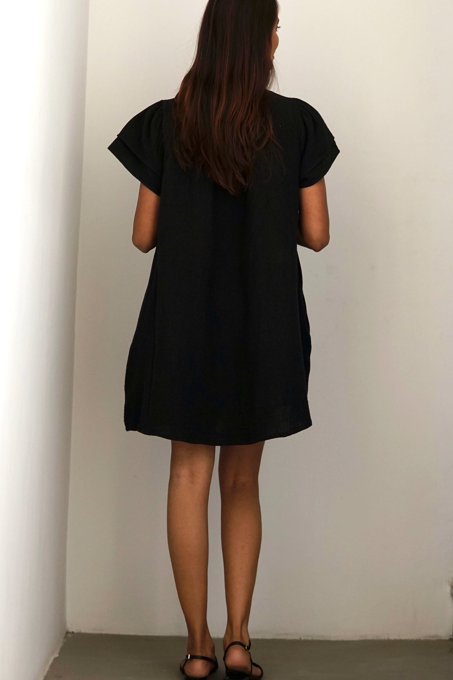 black cotton kaftan dress, beach coverup in double gauze fabric. Chic black beach kaftan coverup,