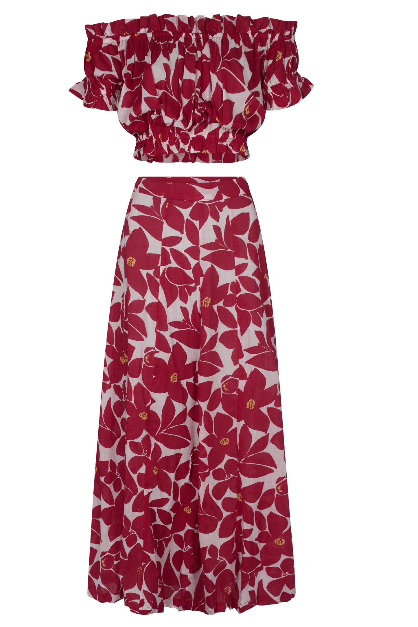 Co-ord set, red and cream cotton skirt and top, Carmen summer co-ord set