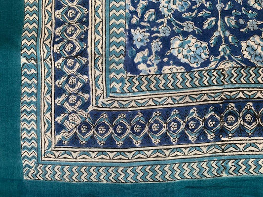 Pareo, teal green and blue block print cotton sarong
