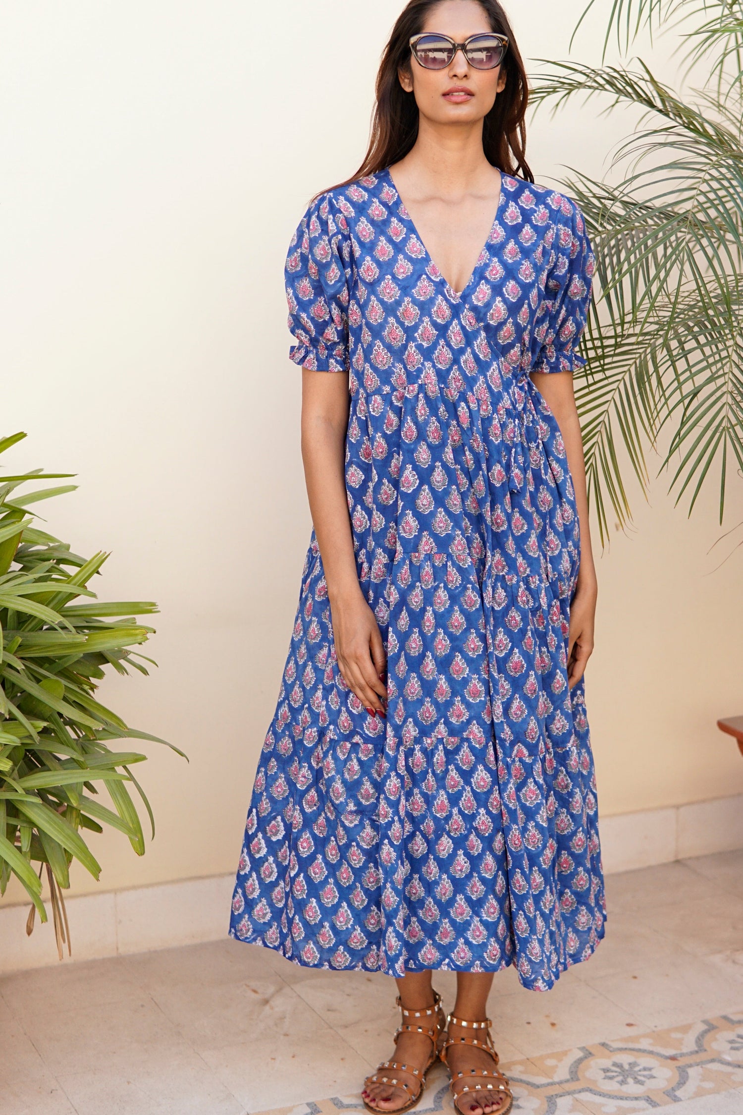 Wrap dress with pockets. Maxi dress, block print cotton beach dress, blue, pink and white cotton