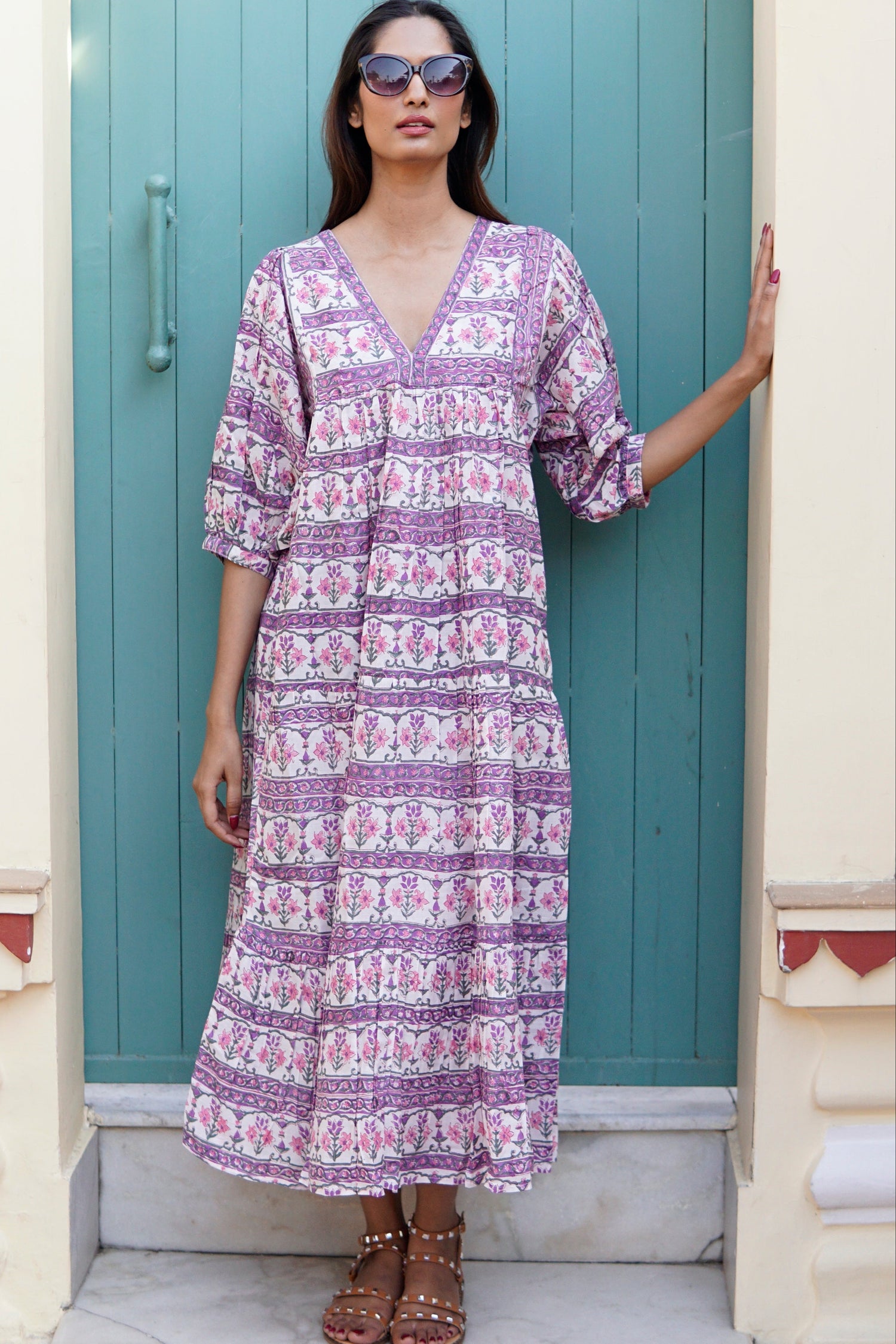Day Dress, cotton maxi dress with puff sleeves and pockets Cassis