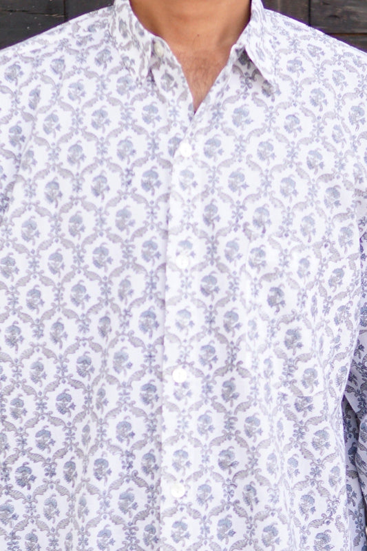 Men's cotton block print shirt Pierre. Mens summer holiday shirt. Printed summer shirt