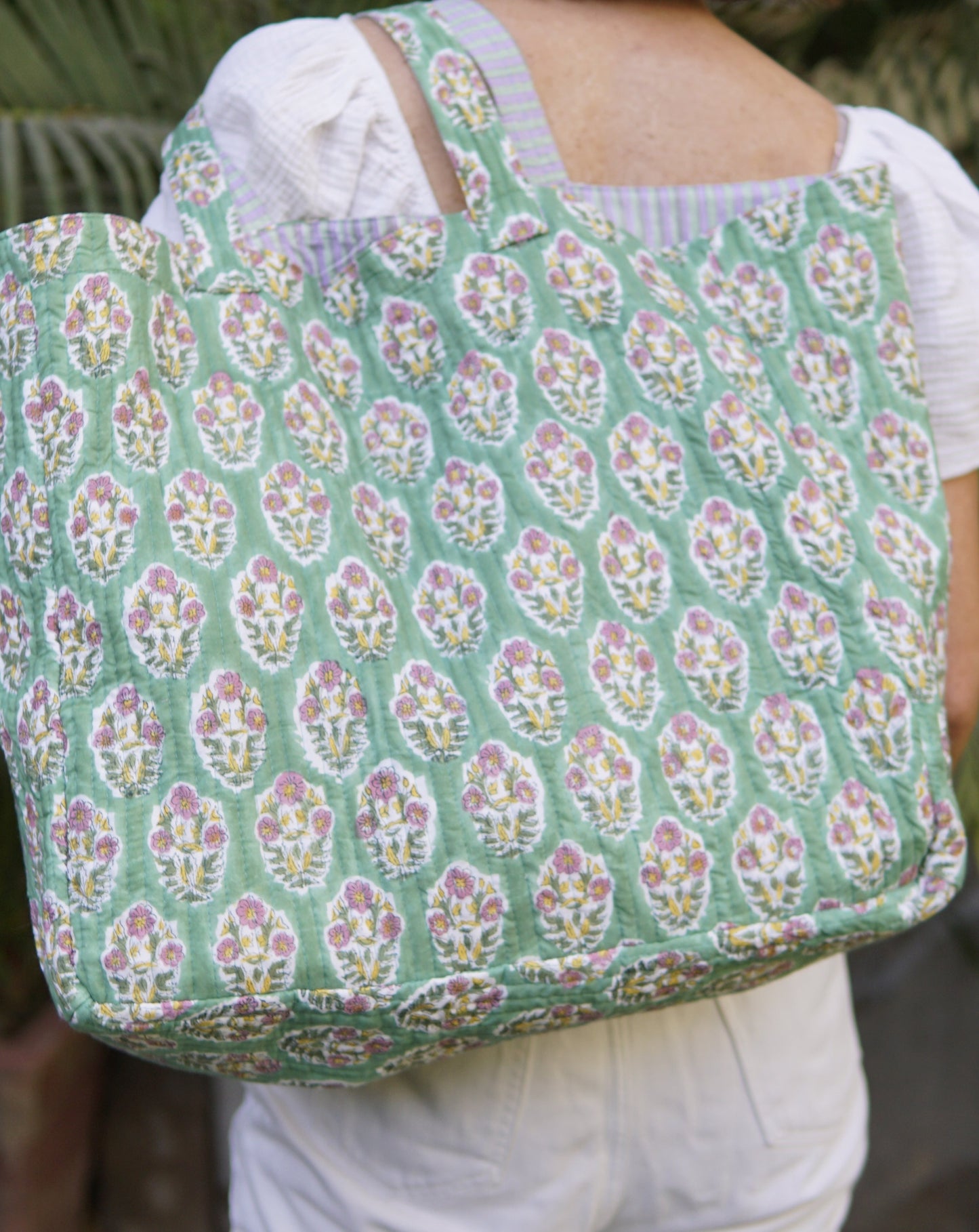 Beach bag, Green and lilac Provencal print with coordinating lining, X Large cotton, block printed tote bag. Handmade.