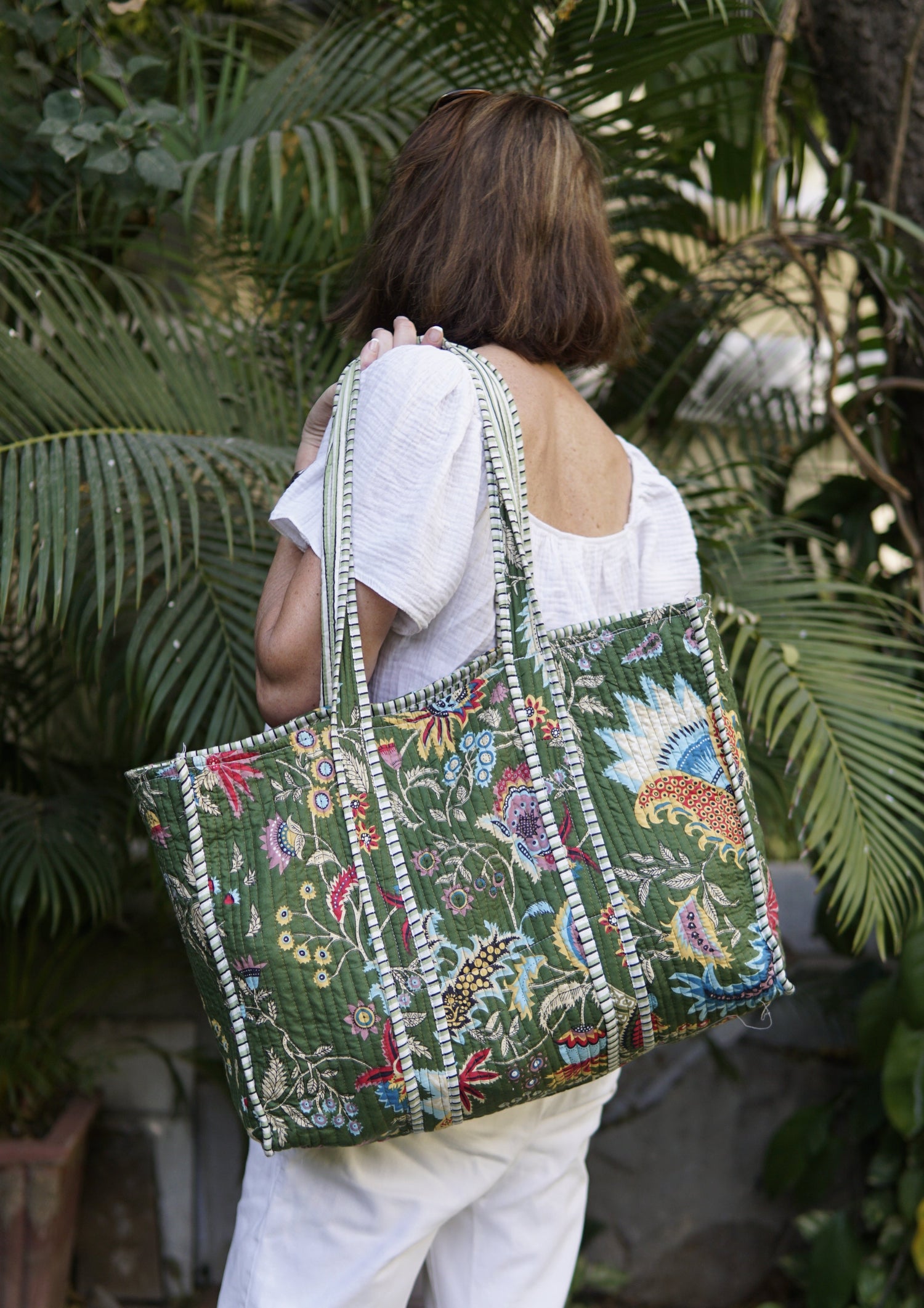 Beach Bag, XL Green and white jungle print tote bag with contrast lining with pocket. large cotton beach bag