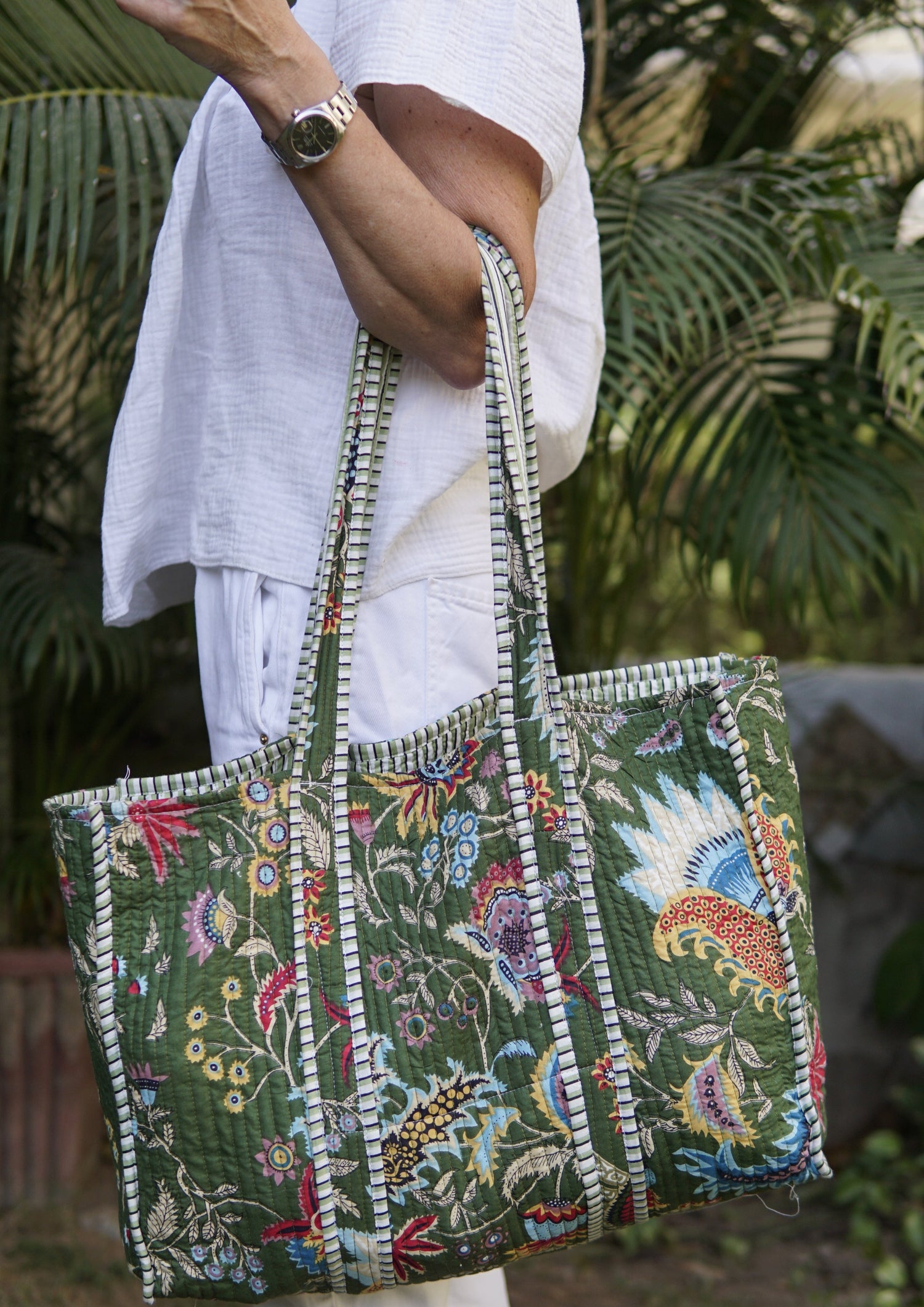 Beach Bag, XL Green and white jungle print tote bag with contrast lining with pocket. large cotton beach bag