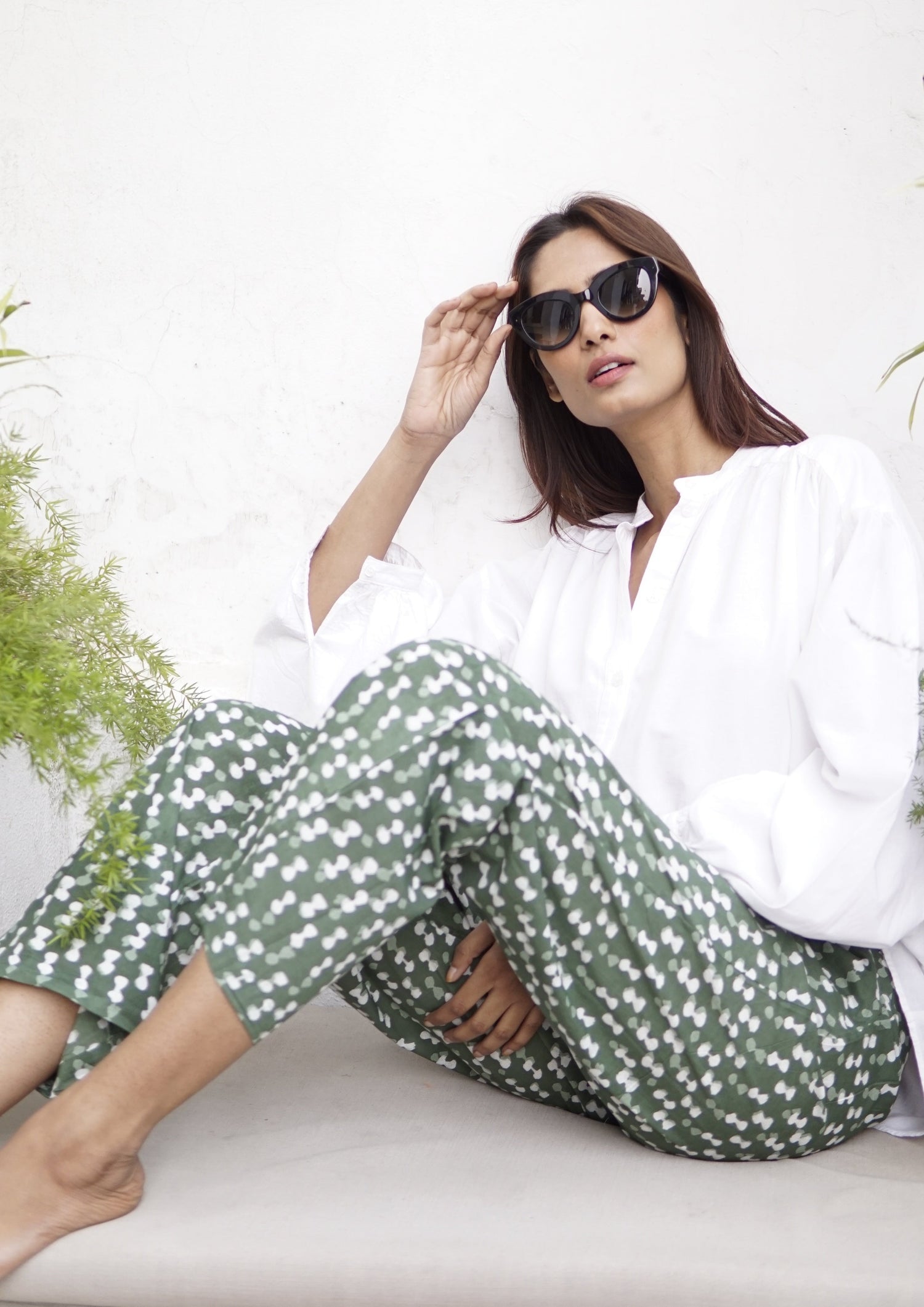 Pants, cotton summer pants with pockets, green and white block print cotton trousers with pockets