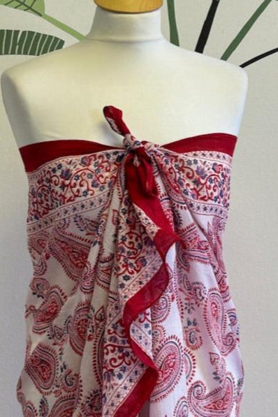 Pareo, red and white block print cotton sarong
