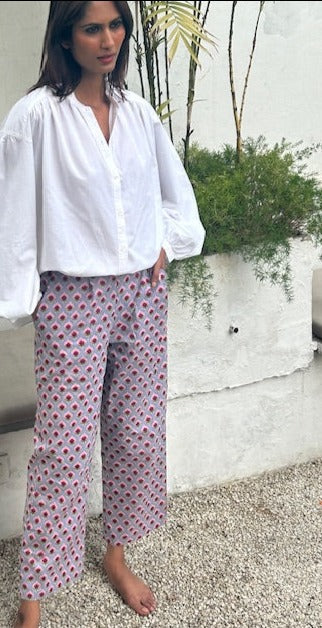 Pants, cotton summer pants with pockets, pink lotus block print cotton trousers with pockets