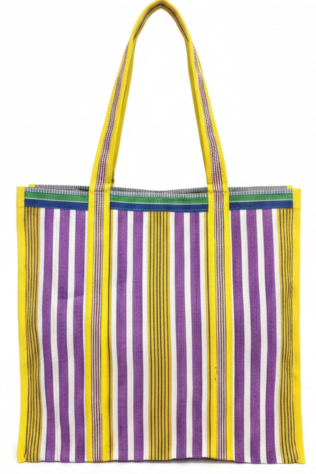 recycled plastic tote bag, yellow, green and purple and white striped tote bag, ethical shopper, beach bag.