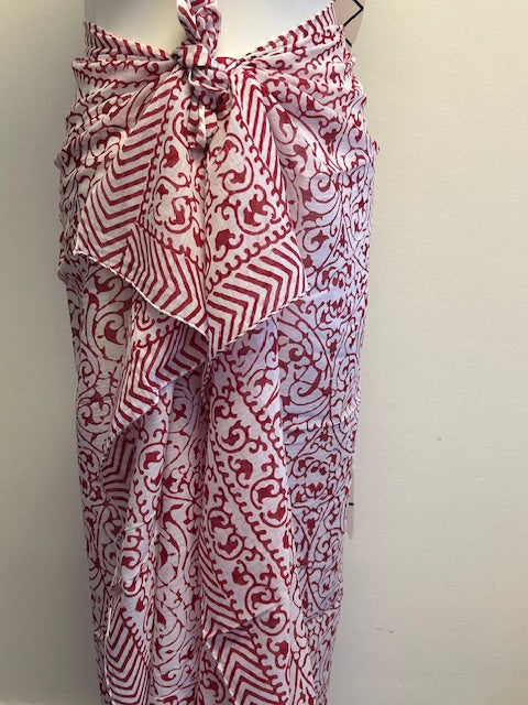 Pareo, red and white block print cotton sarong. Beach cover-up, Cotton voile Sarong