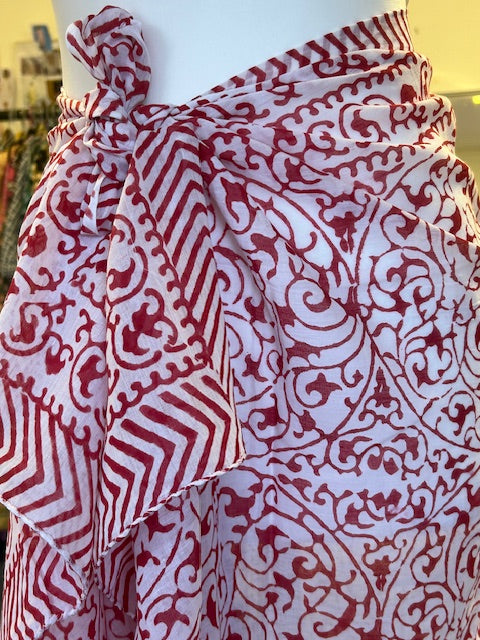Pareo, red and white block print cotton sarong. Beach cover-up, Cotton voile Sarong