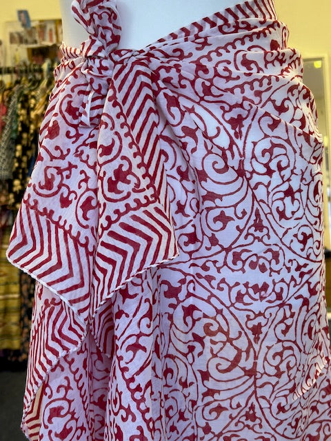 red and white beach wrap. cover-up, cotton summer pareo for women, block print summer  beach cover-up, cotton sarong, handmade cotton voile  pareo