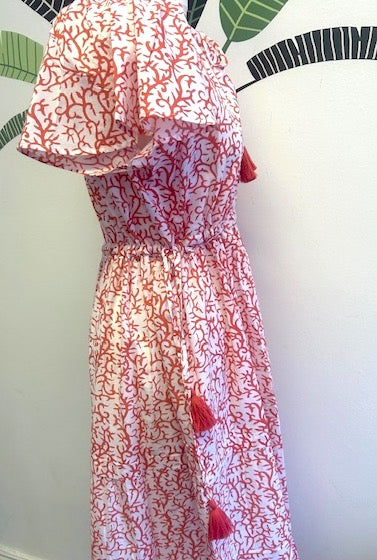 Cotton maxi dress, boho beach dress, coral print cotton summer maxi dress with pockets