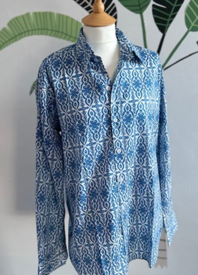 Men's shirt, Summer shirt, blue and white block print men's shirt Julien
