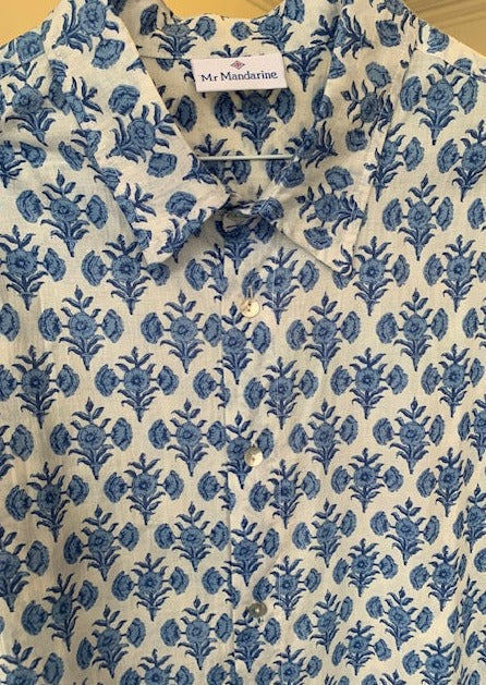 Mens cotton block print summer shirt, blue and white cotton shirt, beach shirtfor men, mens holiday shirt, blue and white beach shirt