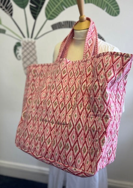 Beach Bag, XL cotton, block print and contrast lining with pocket. large beach bag, large tote bag