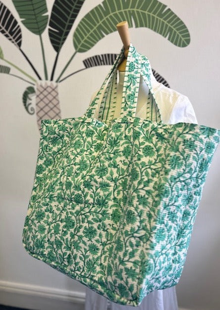 Quilted cotton XL tote bag, reversible green and white block print bag with pocket. large beach bag, gym bag