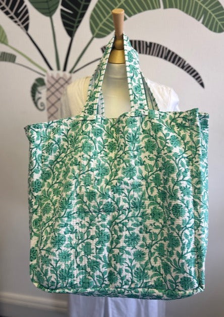 Quilted cotton XL tote bag, reversible green and white block print bag with pocket. large beach bag, gym bag